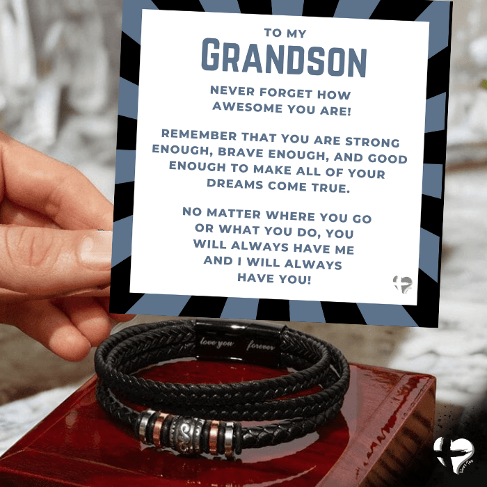 Grandson - Always With You - Leather Bracelet HGF#165MFB Jewelry Luxury Box w/LED