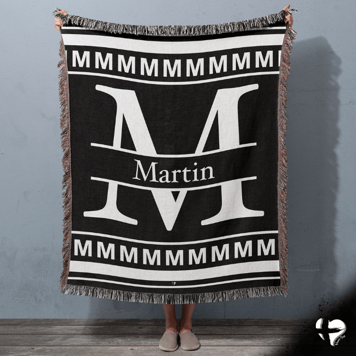 Split Letter Monogram - Black and White Woven Throw Blanket THG#347WB blanket 60x80 inch Graphics