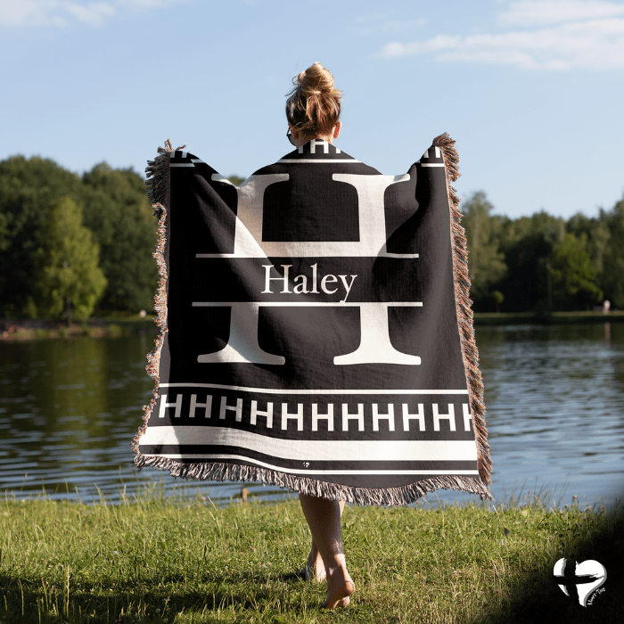 Split Letter Monogram - Black and White Woven Throw Blanket THG#347WB blanket 50x60 inch Graphics