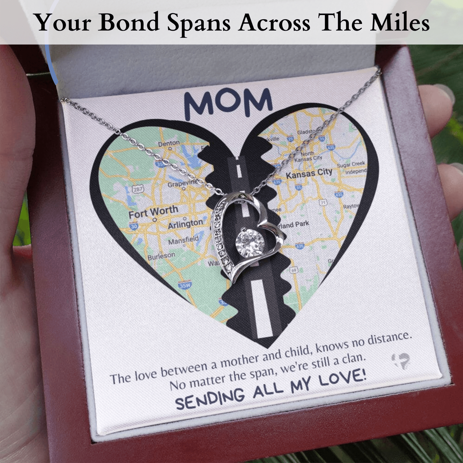 Mom - Love Knows No Distance - Forever Love Heart Necklace HGF#258FLR Jewelry 14k White Gold Finish Luxury Box