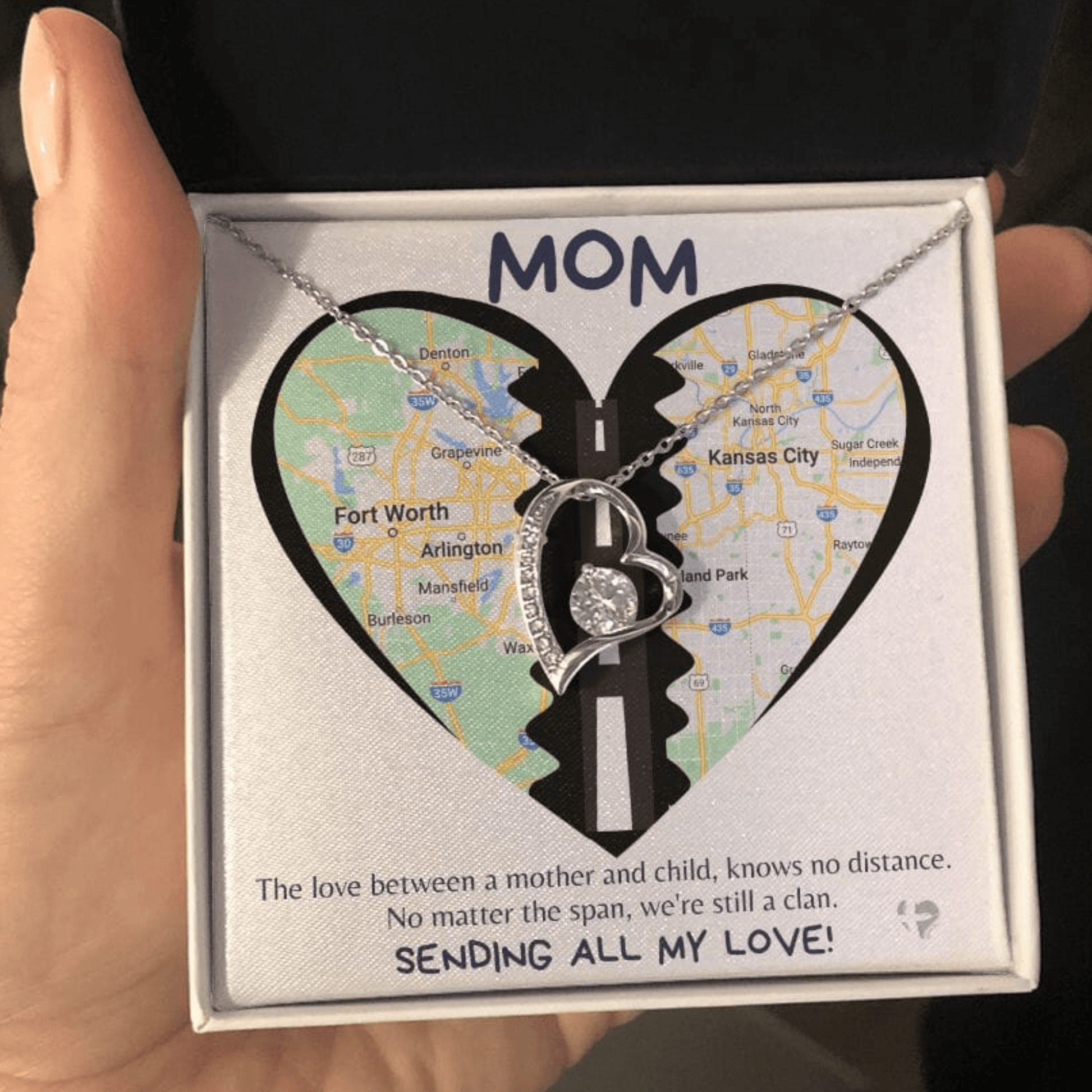 Mom - Love Knows No Distance - Forever Love Heart Necklace HGF#258FLR Jewelry