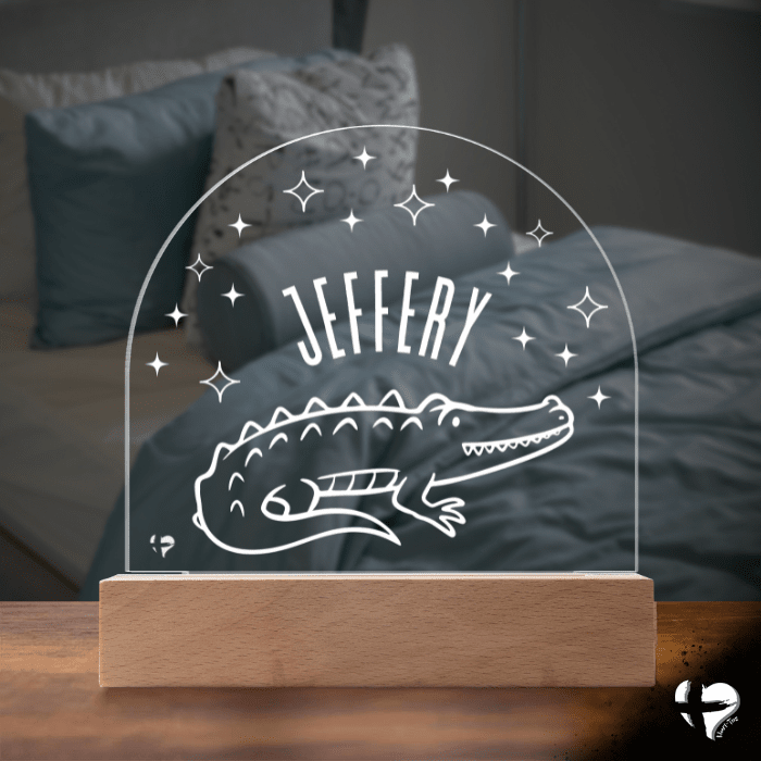 Custom Kid's Night Light with Name - Acrylic Dome Plaque Jewelry LED Base w/ Lights Alligator