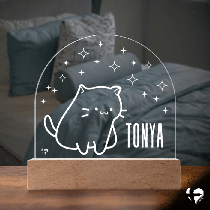 Custom Kid's Night Light with Name - Acrylic Dome Plaque Jewelry LED Base w/ Lights Cat