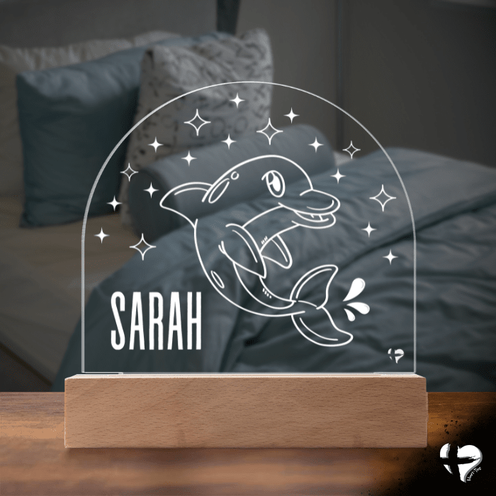 Custom Kid's Night Light with Name - Acrylic Dome Plaque Jewelry LED Base w/ Lights Dolphin