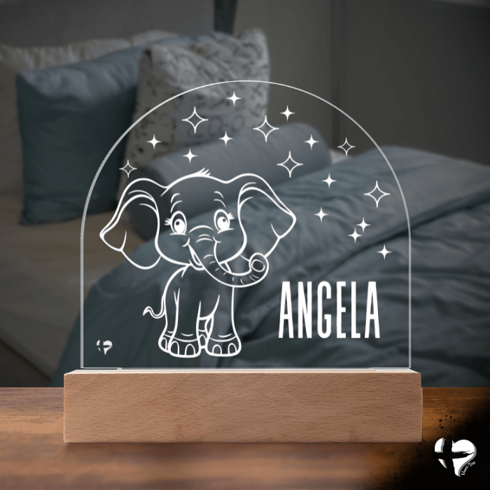 Custom Kid's Night Light with Name - Acrylic Dome Plaque Jewelry LED Base w/ Lights Elephant
