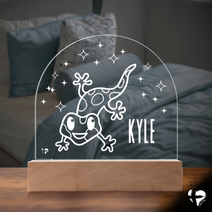 Custom Kid's Night Light with Name - Acrylic Dome Plaque Jewelry LED Base w/ Lights Gekko