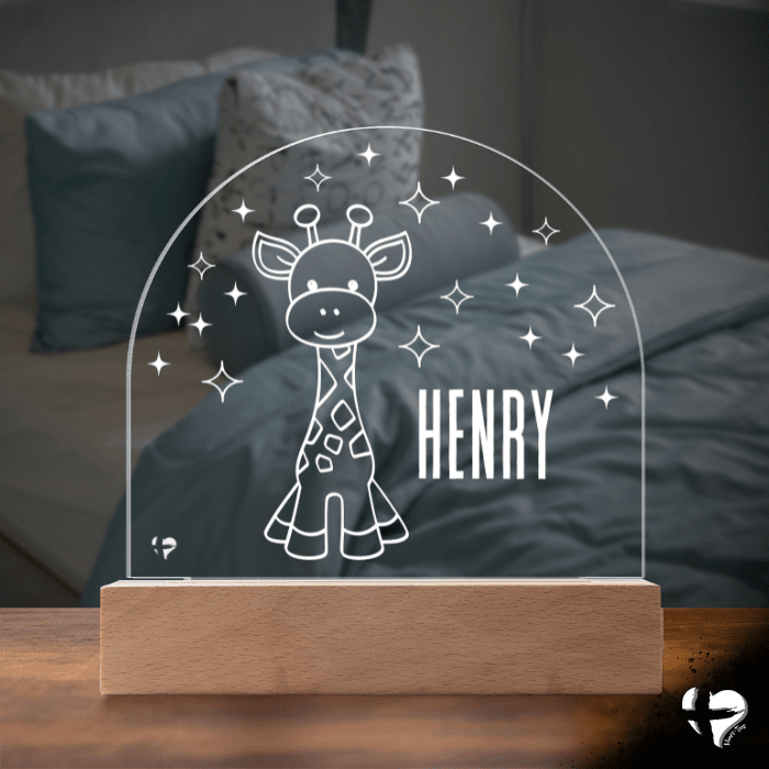 Custom Kid's Night Light with Name - Acrylic Dome Plaque Jewelry LED Base w/ Lights Giraffe