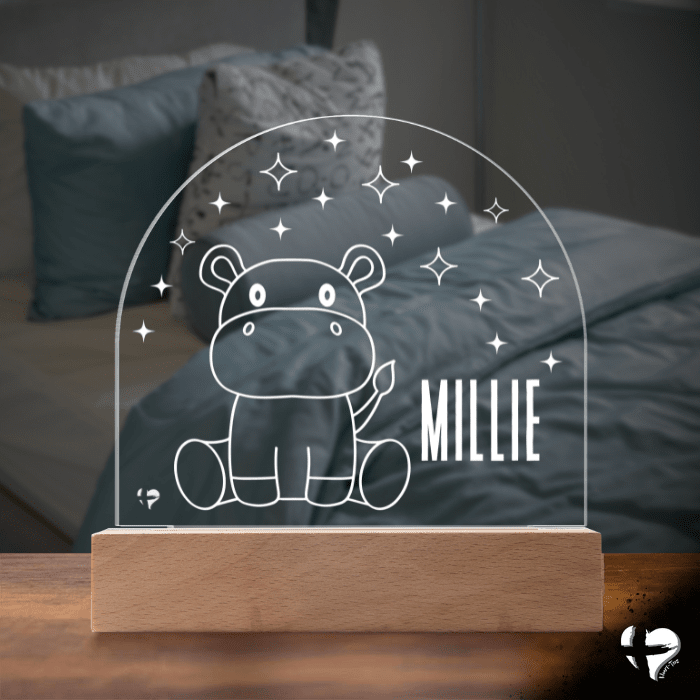 Custom Kid's Night Light with Name - Acrylic Dome Plaque Jewelry LED Base w/ Lights Hippo