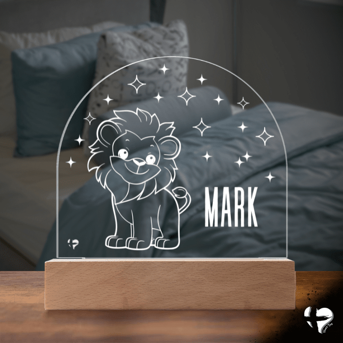 Custom Kid's Night Light with Name - Acrylic Dome Plaque Jewelry LED Base w/ Lights Lion - Mischievous