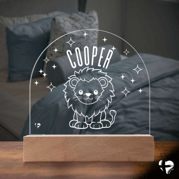 Custom Kid's Night Light with Name - Acrylic Dome Plaque Jewelry LED Base w/ Lights Lion