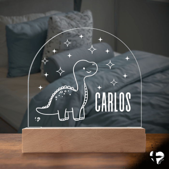 Custom Kid's Night Light with Name - Acrylic Dome Plaque Jewelry LED Base w/ Lights Long Neck Dinosaur