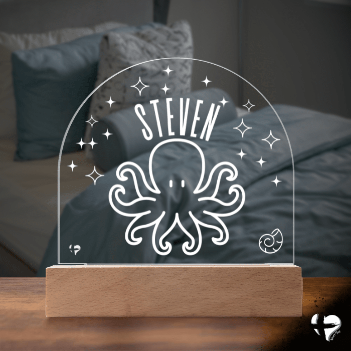 Custom Kid's Night Light with Name - Acrylic Dome Plaque Jewelry LED Base w/ Lights Octopus