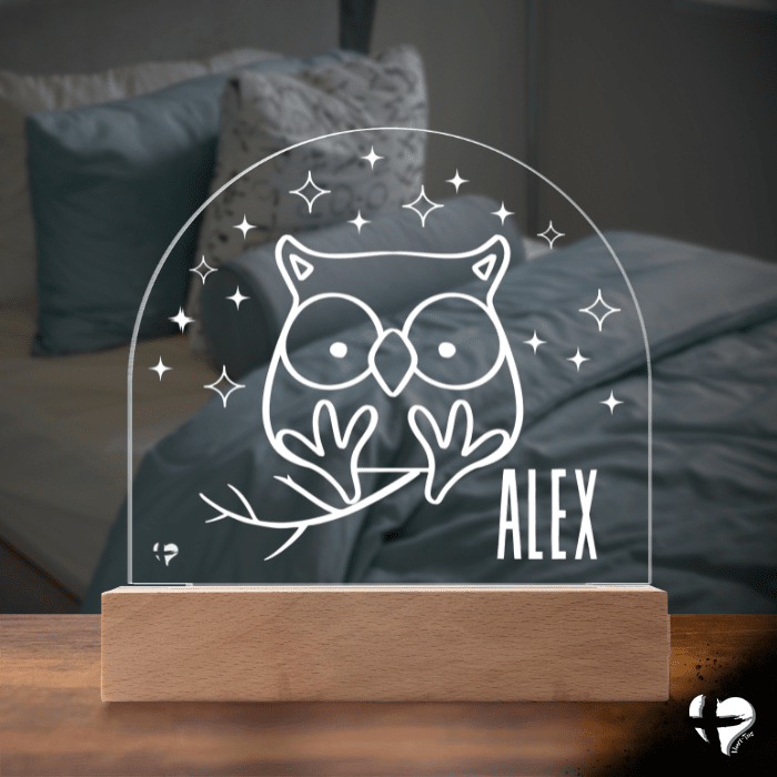 Custom Kid's Night Light with Name - Acrylic Dome Plaque Jewelry LED Base w/ Lights Owl