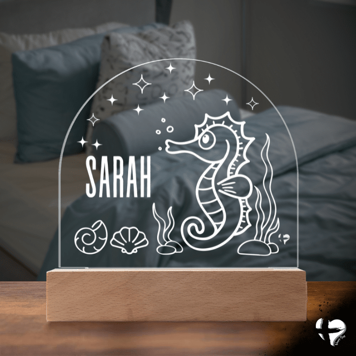 Custom Kid's Night Light with Name - Acrylic Dome Plaque Jewelry LED Base w/ Lights Seahorse