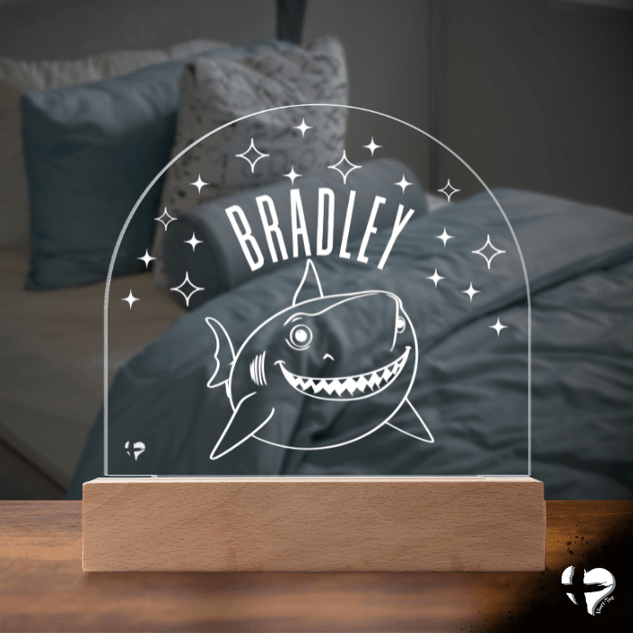 Custom Kid's Night Light with Name - Acrylic Dome Plaque Jewelry LED Base w/ Lights Shark