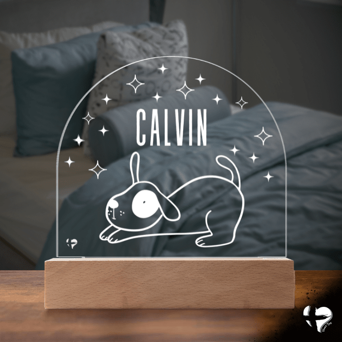 Custom Kid's Night Light with Name - Acrylic Dome Plaque Jewelry LED Base w/ Lights Dog