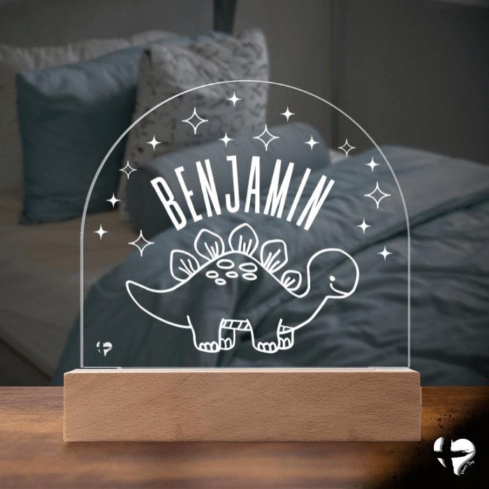 Custom Kid's Night Light with Name - Acrylic Dome Plaque Jewelry LED Base w/ Lights Stegosaurus