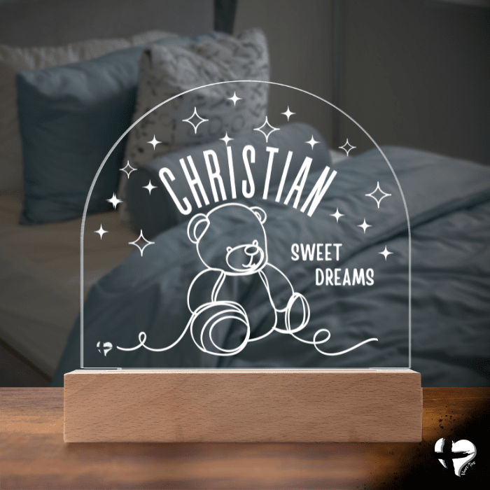 Custom Kid's Night Light with Name - Acrylic Dome Plaque Jewelry LED Base w/ Lights Teddy Bear