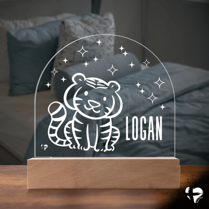 Custom Kid's Night Light with Name - Acrylic Dome Plaque Jewelry LED Base w/ Lights Tiger