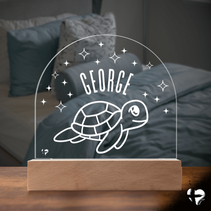 Custom Kid's Night Light with Name - Acrylic Dome Plaque Jewelry LED Base w/ Lights Turtle