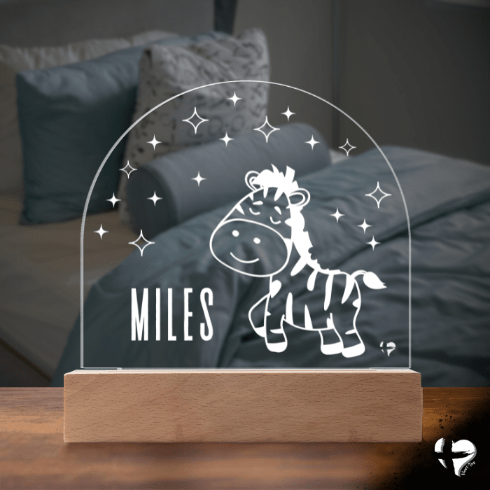 Custom Kid's Night Light with Name - Acrylic Dome Plaque Jewelry LED Base w/ Lights Zebra