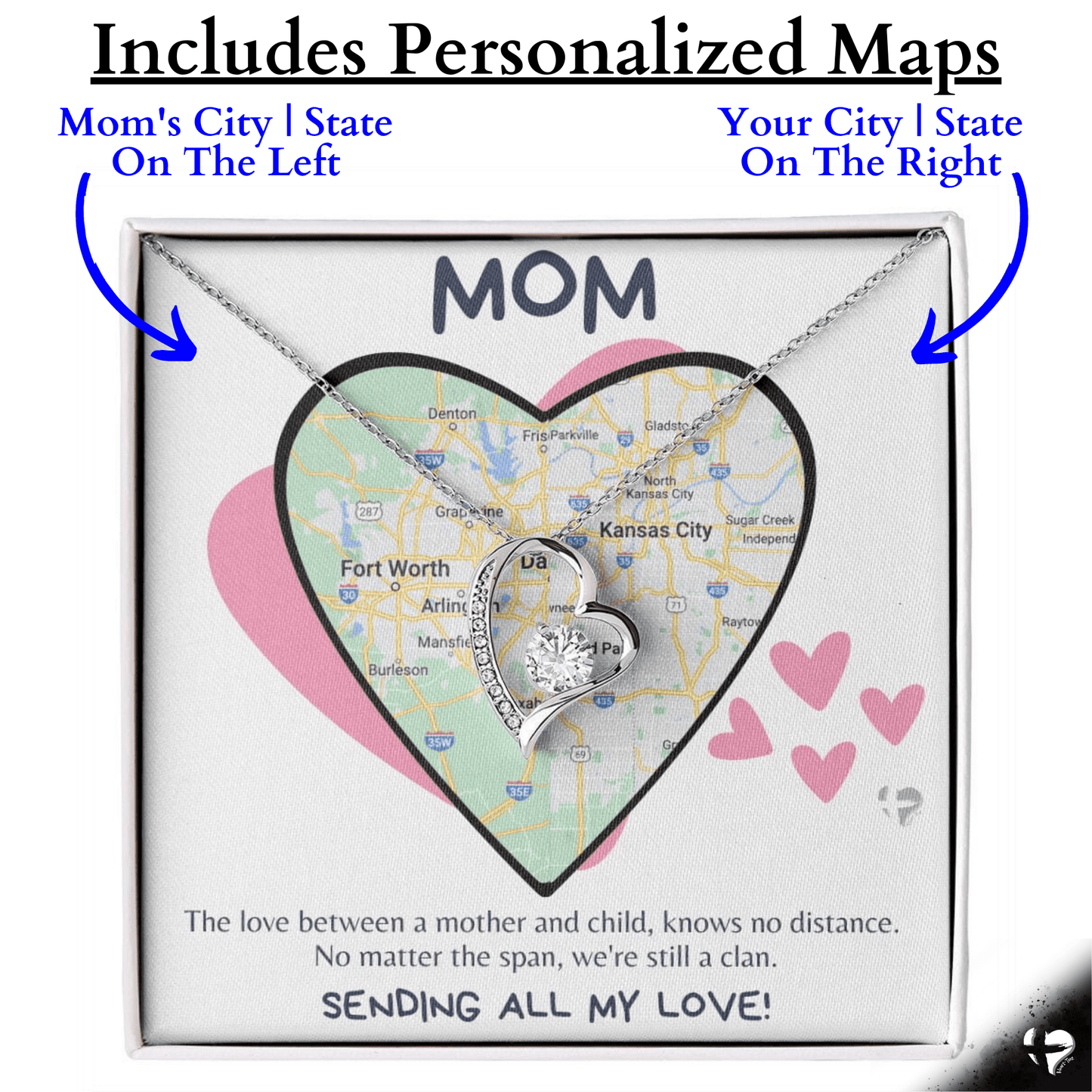 Mom - Love Knows No Distance - Forever Love Heart Necklace HGF#258FL Jewelry 14k White Gold Finish Standard Box