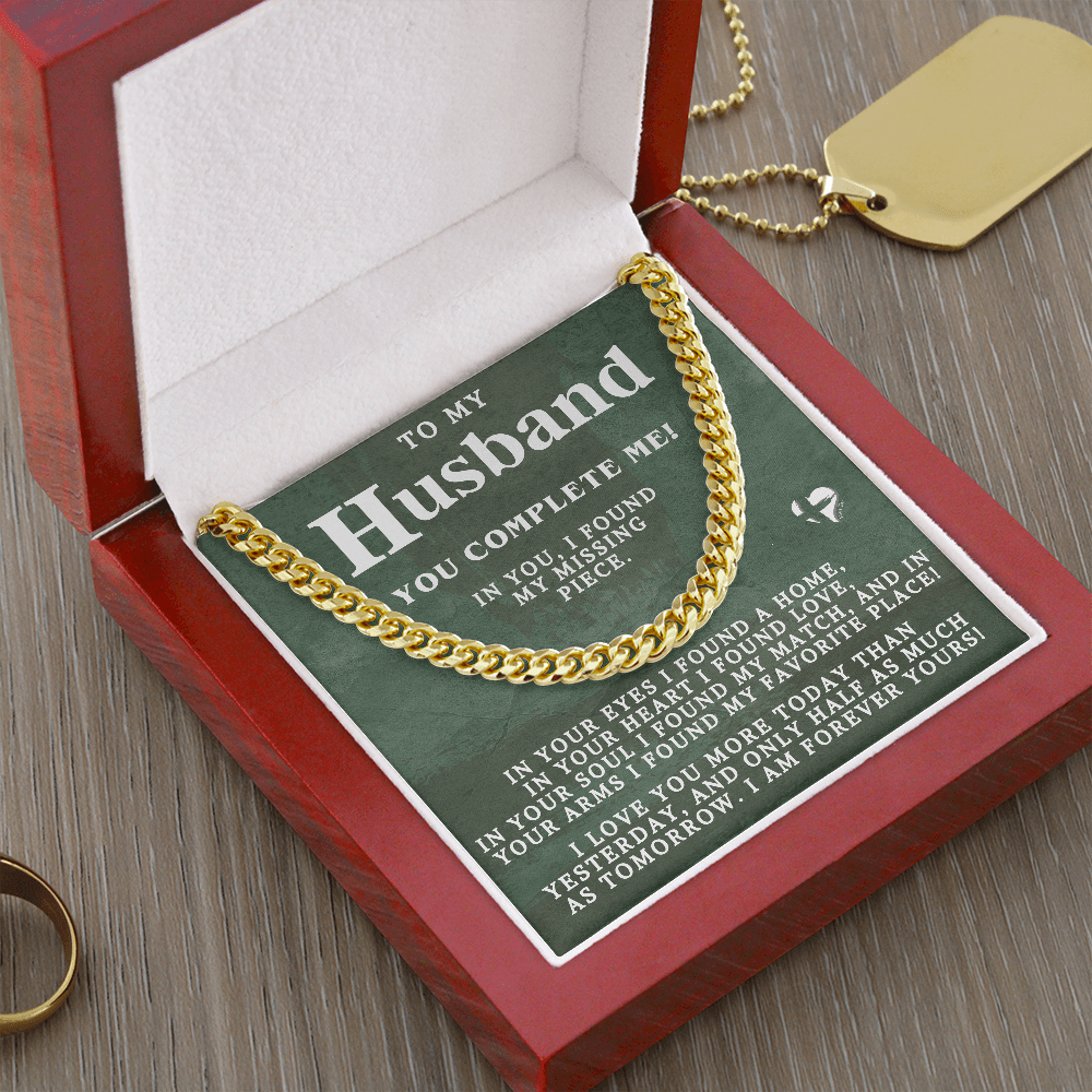 To My Husband - My Missing Piece - Cuban Chain Necklace 85CC2 Jewelry 14K Gold Over Stainless Steel Cuban Link Chain Luxury Box