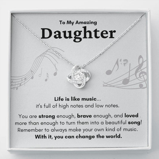 HGF#224LKb Amazing Daughter Necklace - Life Is Like Music Gray Love Knot S&G Jewelry 14K White Gold Finish Standard Box