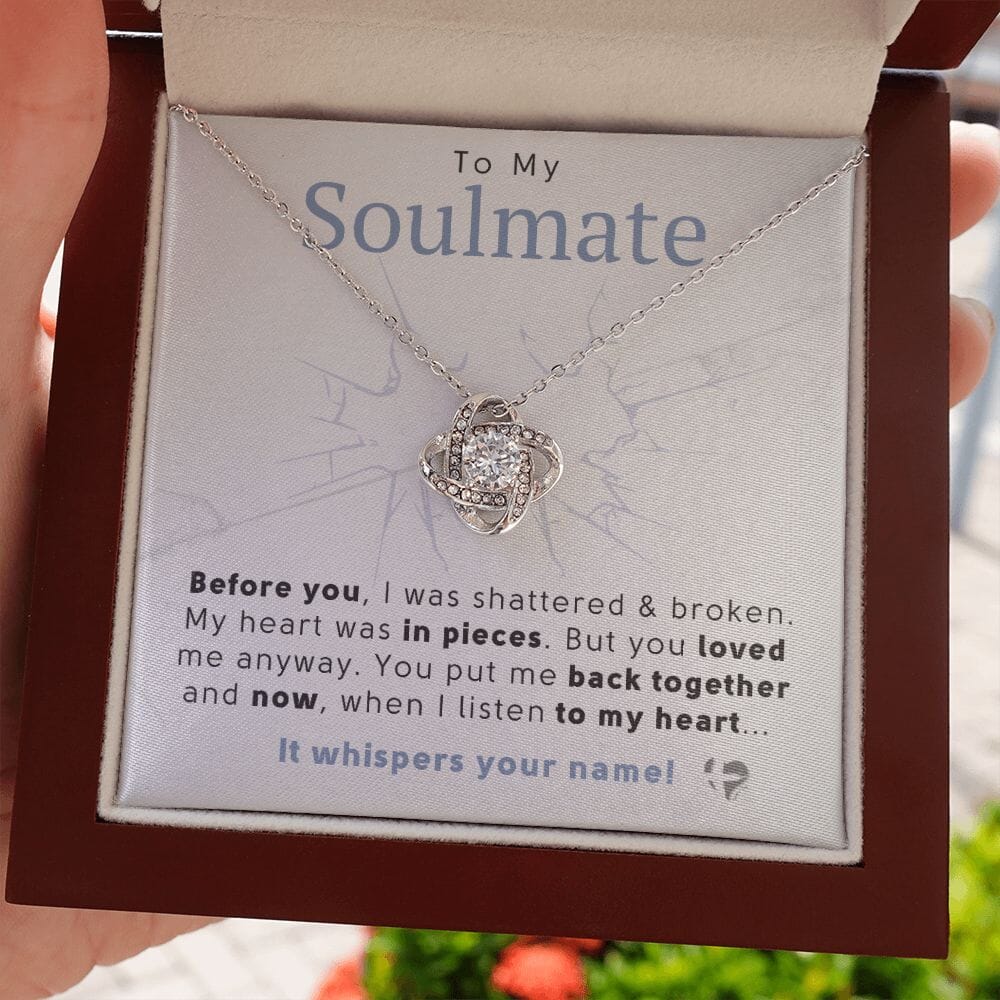 Soulmate - My Heart Whispers Your Name - Love Knot Necklace HGF#222LK Jewelry 14K White Gold Finish Luxury Box