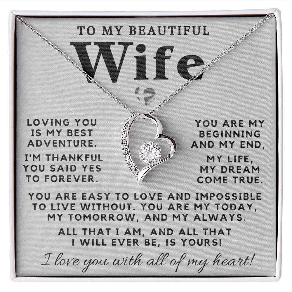 My Wife - My Best Adventure - Forever Love Heart Necklace HGF#98FLb Jewelry 14k White Gold Finish Standard Box