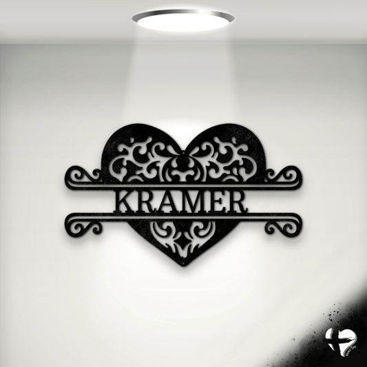Fancy Heart Family Name Sign Custom Black 12"