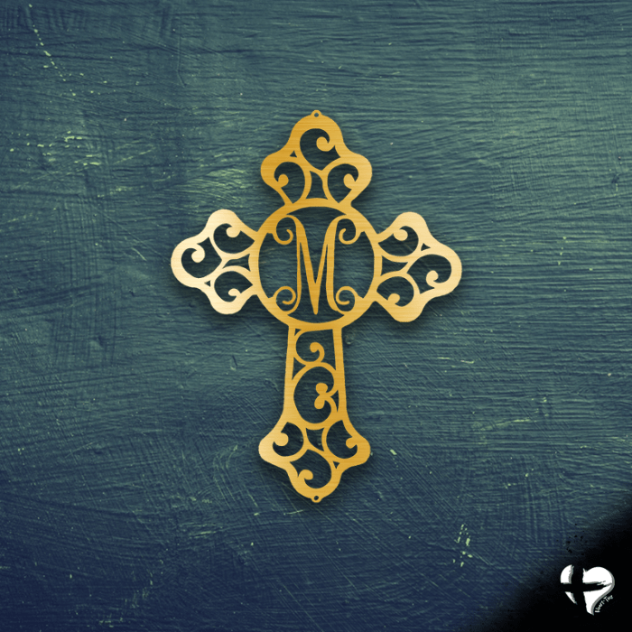 Family Initial In Cross Wall Decor Custom Gold 12"