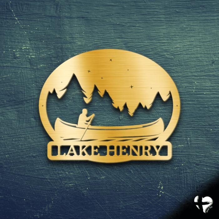 Metal Lake Sign With Canoe Custom Gold 12"
