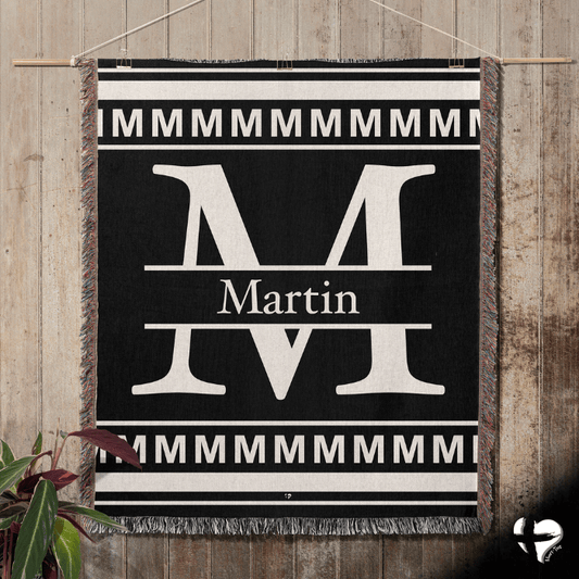 Split Letter Monogram - Black and White Woven Throw Blanket THG#347WB blanket 