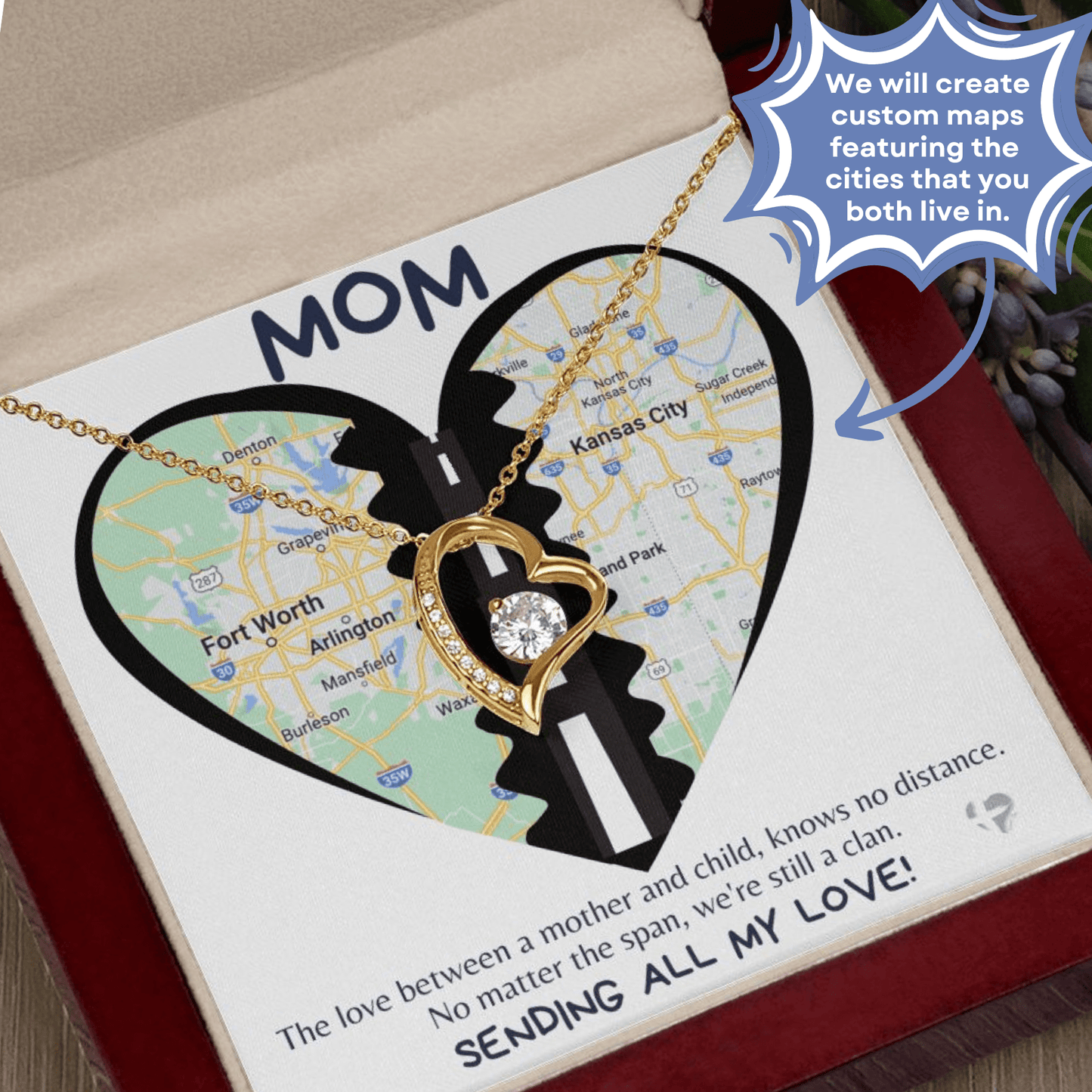 Mom - Love Knows No Distance - Forever Love Heart Necklace HGF#258FLR Jewelry 18k Yellow Gold Finish Luxury Box 
