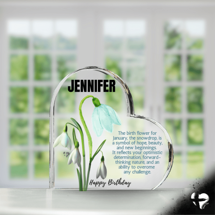 Birth Month Flower Collection 2 - Personalized Heart Plaque Jewelry Jan Snowdrop 