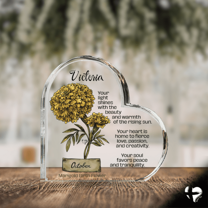 October Marigold - Birth Month Flower - Acrylic Heart Plaque Plaque 