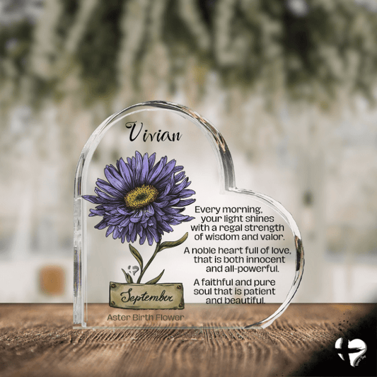 Birth Month Flower - Personalized Heart Plaque Jewelry Sep Aster 