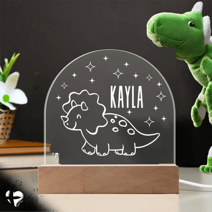 Custom Kid's Night Light with Name - Acrylic Dome Plaque Jewelry LED Base w/ Lights Triceratops Dinosaur 