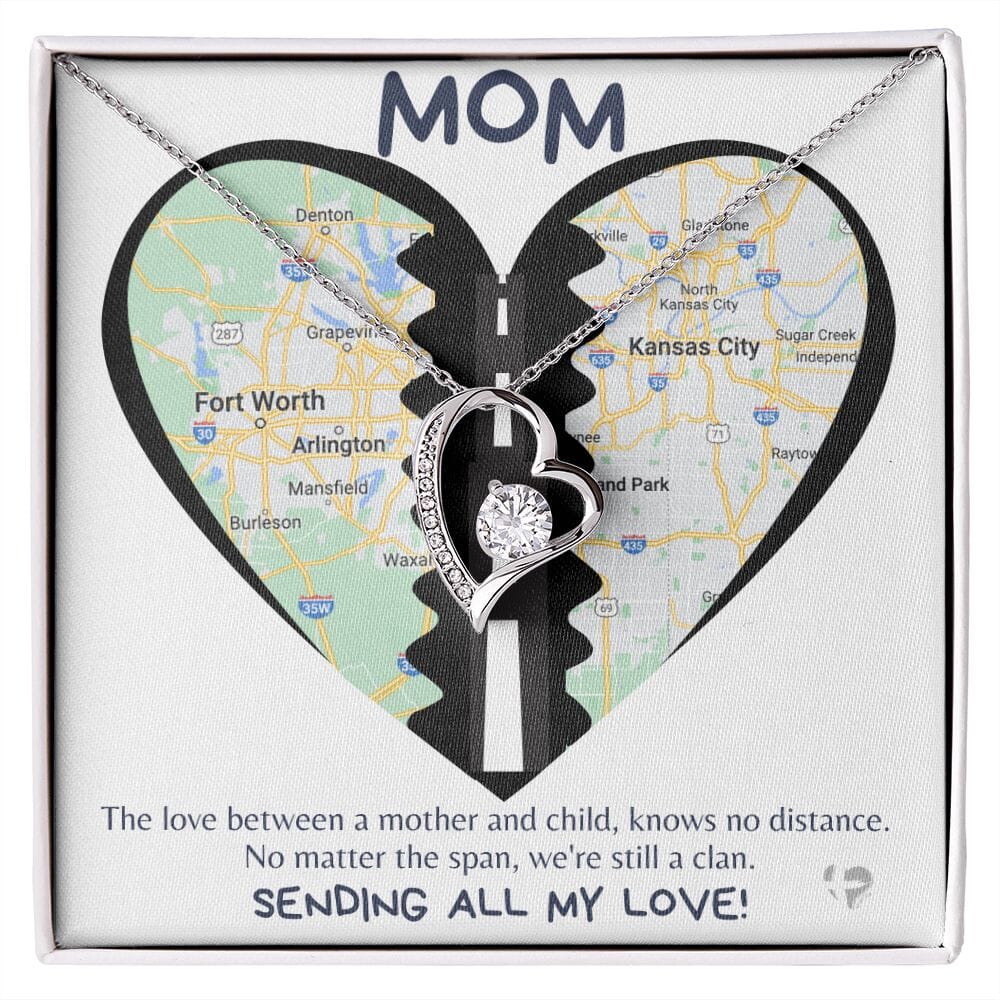 HGF#258FLR Mom - Love Knows No Distance Forever Love Heart Necklace Jewelry 14k White Gold Finish Standard Box 