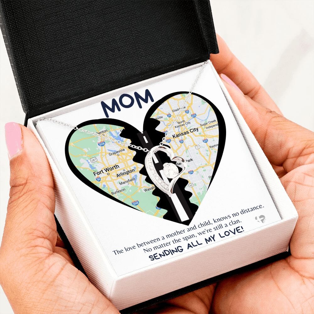 Mom - Love Knows No Distance - Forever Love Heart Necklace HGF#258FLR Jewelry 14k White Gold Finish Standard Box 