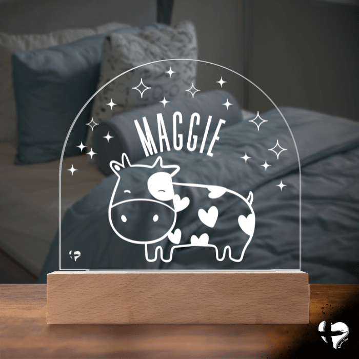 Custom Kid's Night Light with Name - Acrylic Dome Plaque Jewelry LED Base w/ Lights Cow 