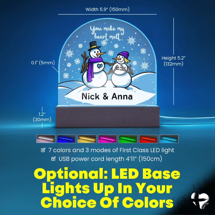 Couple Snow Globe Snowman Plaque - Custom Acrylic Sign - THG#340AD Jewelry Acrylic Dome with LED Base 