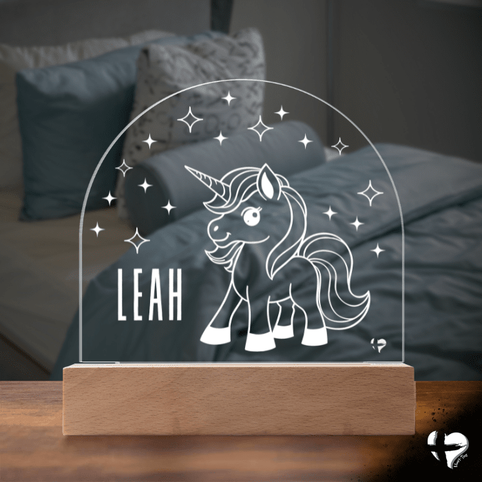 Custom Kid's Night Light with Name - Acrylic Dome Plaque Jewelry LED Base w/ Lights Unicorn 