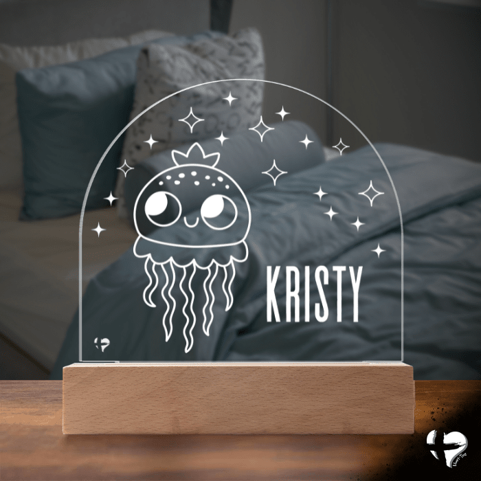 Custom Kid's Night Light with Name - Acrylic Dome Plaque Jewelry LED Base w/ Lights Jellyfish 