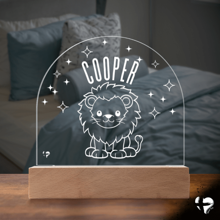 Custom Kid's Night Light with Name - Acrylic Dome Plaque Jewelry LED Base w/ Lights Lion 