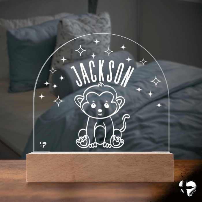 Custom Kid's Night Light with Name - Acrylic Dome Plaque Jewelry LED Base w/ Lights Monkey 