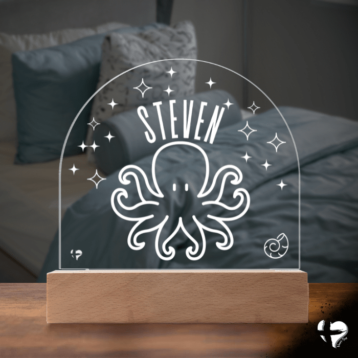 Custom Kid's Night Light with Name - Acrylic Dome Plaque Jewelry LED Base w/ Lights Octopus 