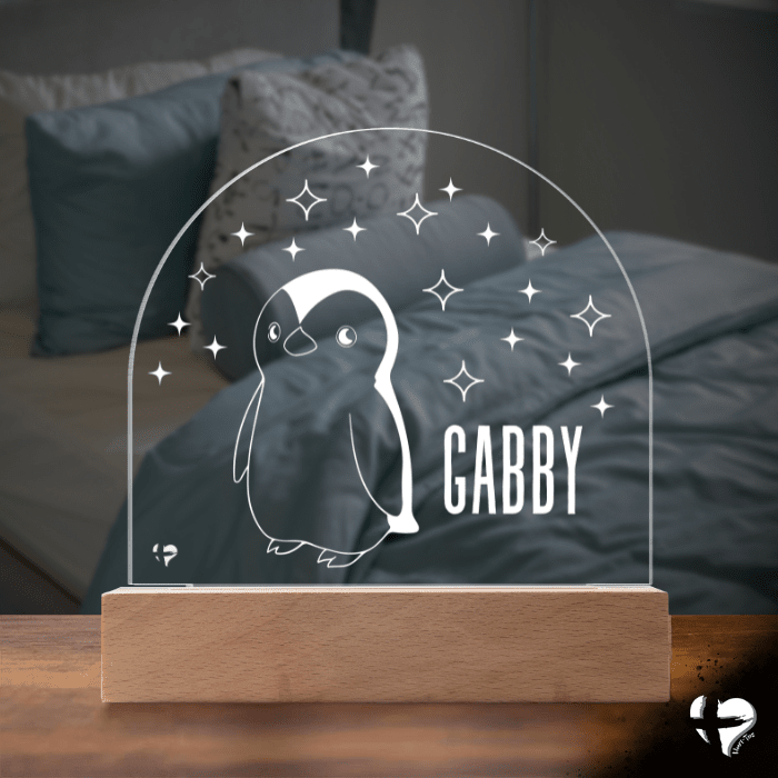 Custom Kid's Night Light with Name - Acrylic Dome Plaque Jewelry LED Base w/ Lights Penguin 