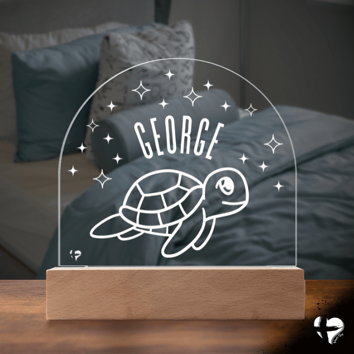 Custom Kid's Night Light with Name - Acrylic Dome Plaque Jewelry LED Base w/ Lights Turtle 